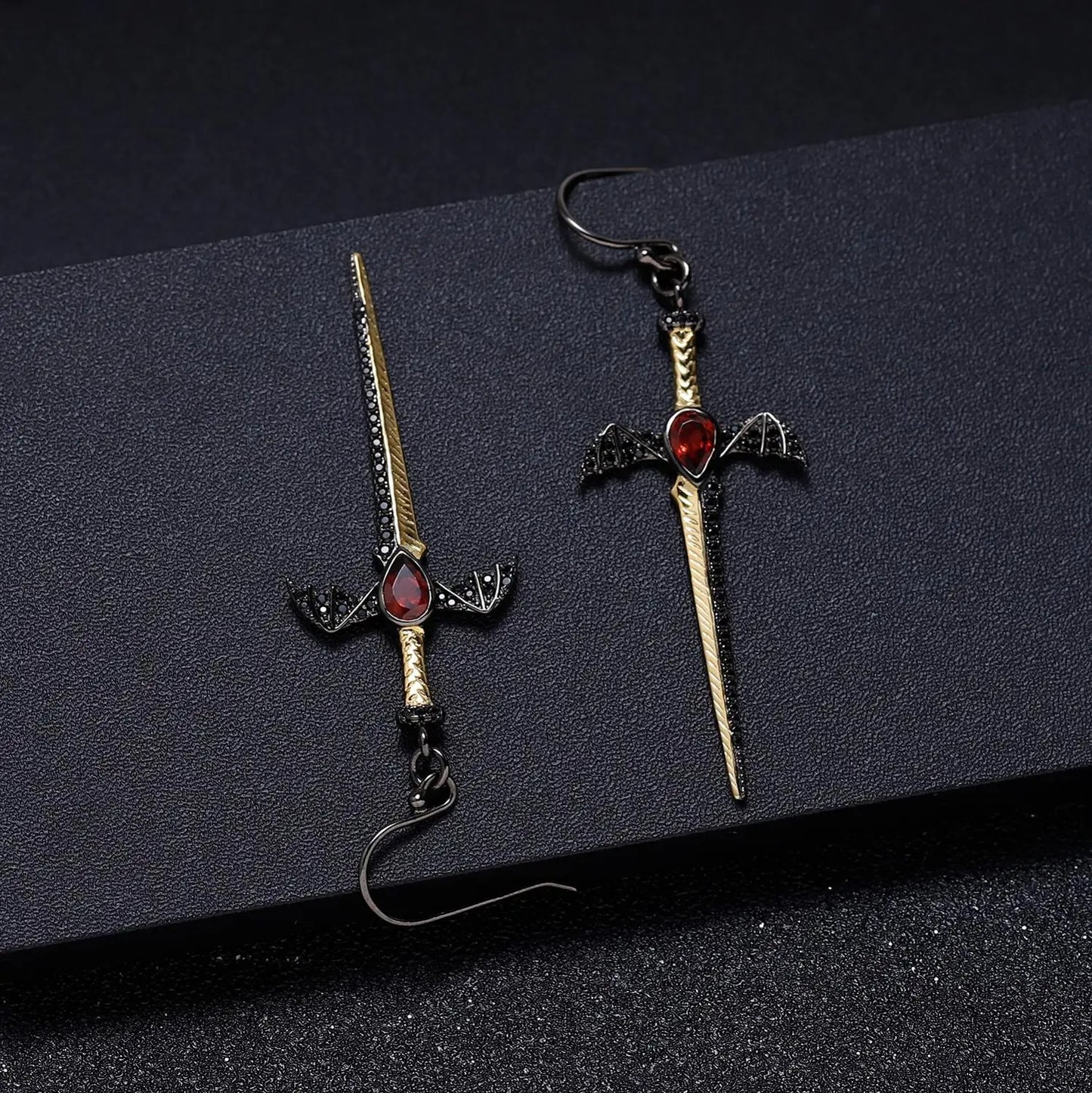 Gothic Bat Wing Sword Drop Earrings | Natural Garnet | Luxury Gold Palace