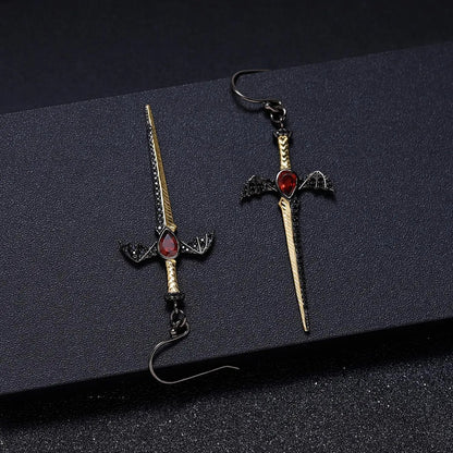 Gothic Bat Wing Sword Drop Earrings | Natural Garnet | Luxury Gold Palace