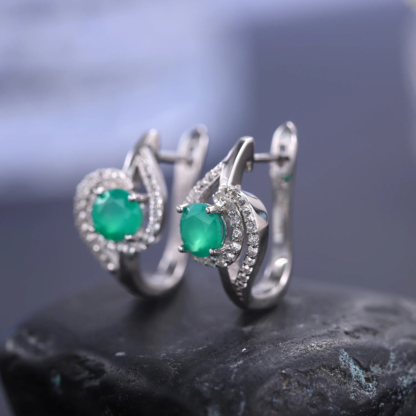 Natural Green Agate Swirl Stud Earrings | 925 Sterling Silver & CZ Halo