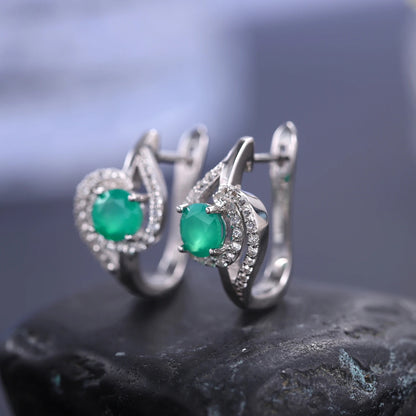 Natural Green Agate Swirl Stud Earrings | 925 Sterling Silver & CZ Halo