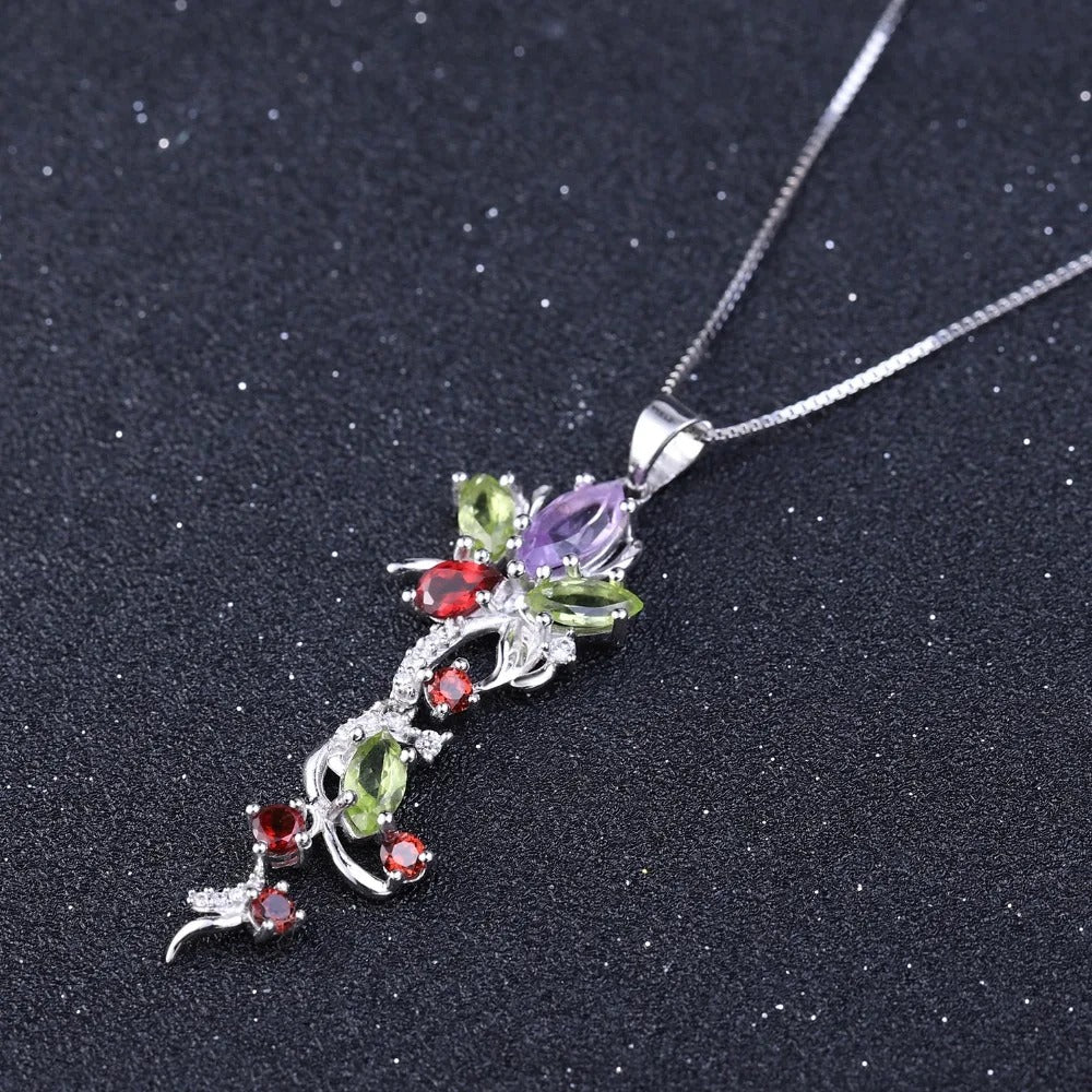 Multi-Gemstone Floral Vine Pendant | 925 Sterling Silver | Luxury Gold Palace