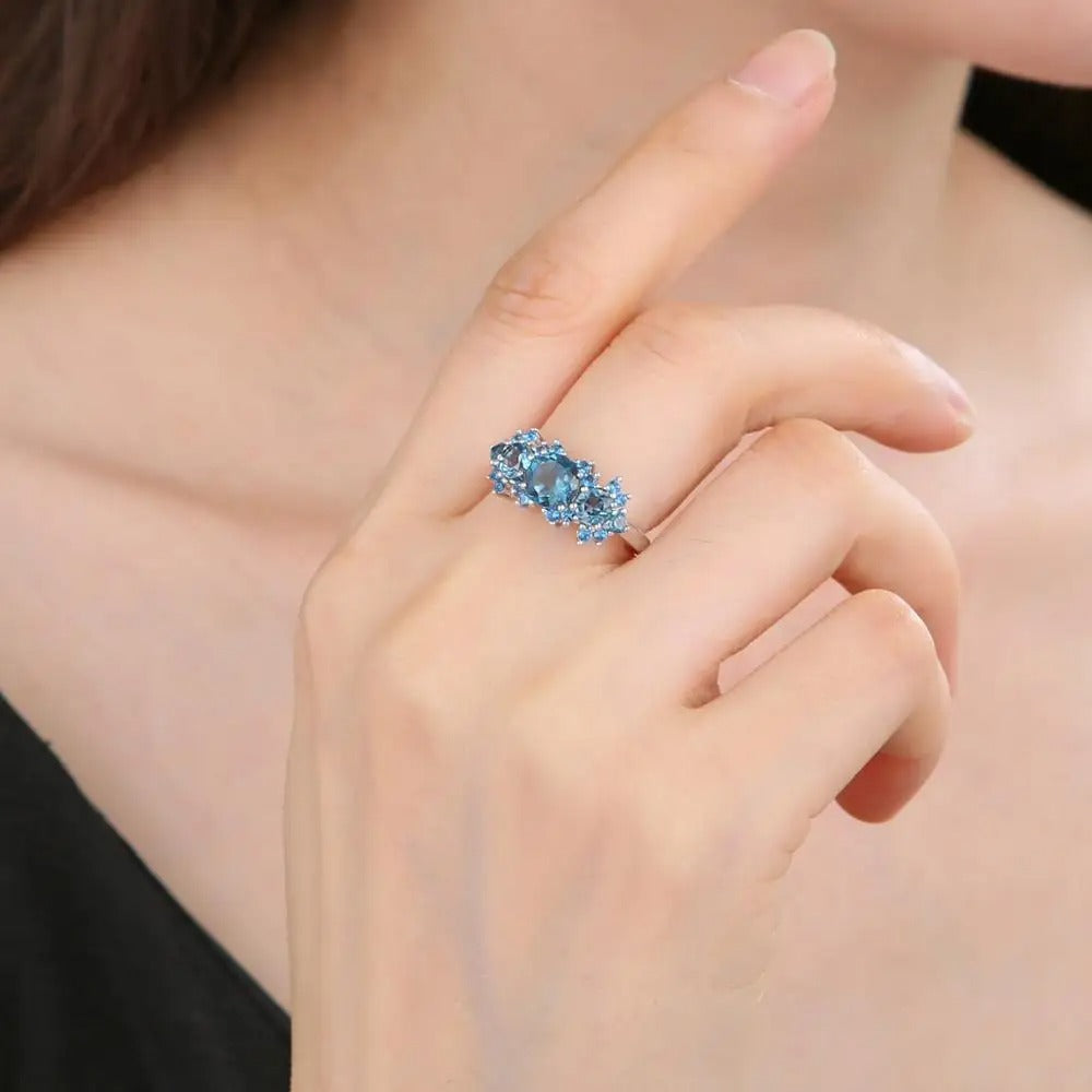 Natural Sky Blue Topaz Vintage Cluster Ring | 925 Sterling Silver
