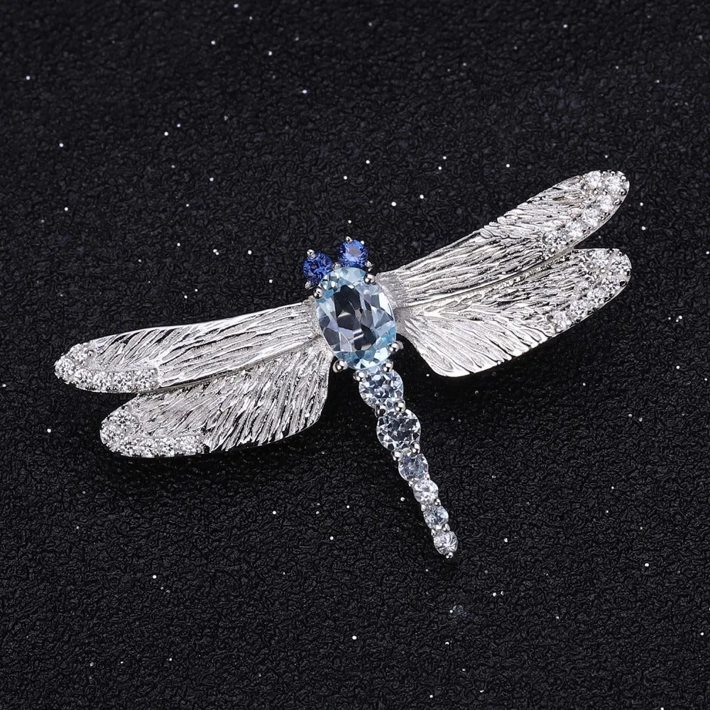 Natural Sky Blue Topaz Dragonfly Brooch | Textured 925 Silver