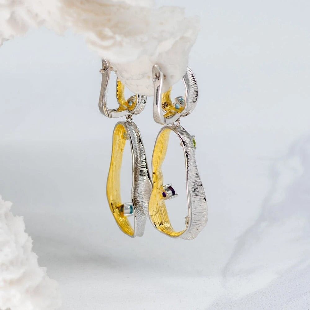 Twisted Abstract Drop Earrings | Amethyst, Peridot & Topaz | Two-Tone Silver