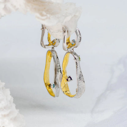 Twisted Abstract Drop Earrings | Amethyst, Peridot & Topaz | Two-Tone Silver