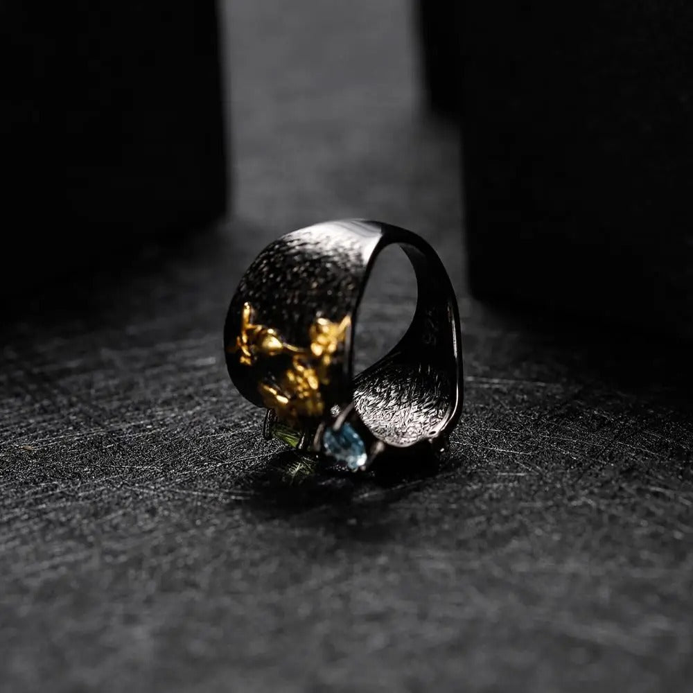 Secret Garden Rhodolite Garnet Ring | Handmade Bee & Flower Band | 925 Silver