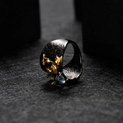 Secret Garden Rhodolite Garnet Ring | Handmade Bee & Flower Band | 925 Silver