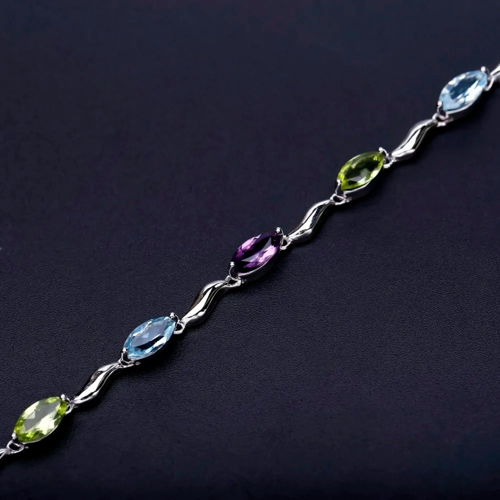 Multi-Gemstone Marquise Link Bracelet | Amethyst, Peridot & Topaz | 925 Silver