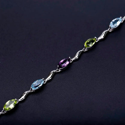 Multi-Gemstone Marquise Link Bracelet | Amethyst, Peridot & Topaz | 925 Silver