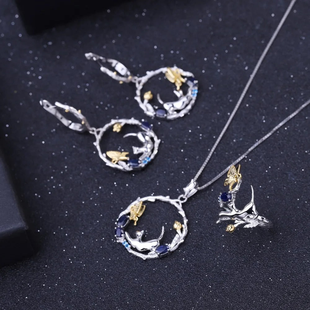 Handmade Cat & Butterfly Garden Pendant | Blue Sapphire | 925 Silver
