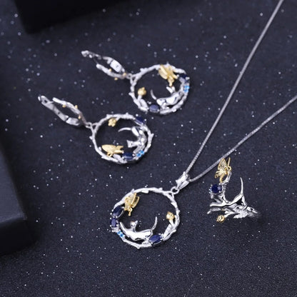 Handmade Cat & Butterfly Garden Pendant | Blue Sapphire | 925 Silver