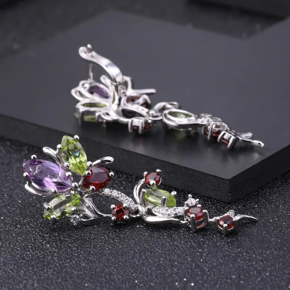 Multi-Gemstone Floral Vine Drop Earrings | Amethyst, Peridot & Garnet | 925 Silver