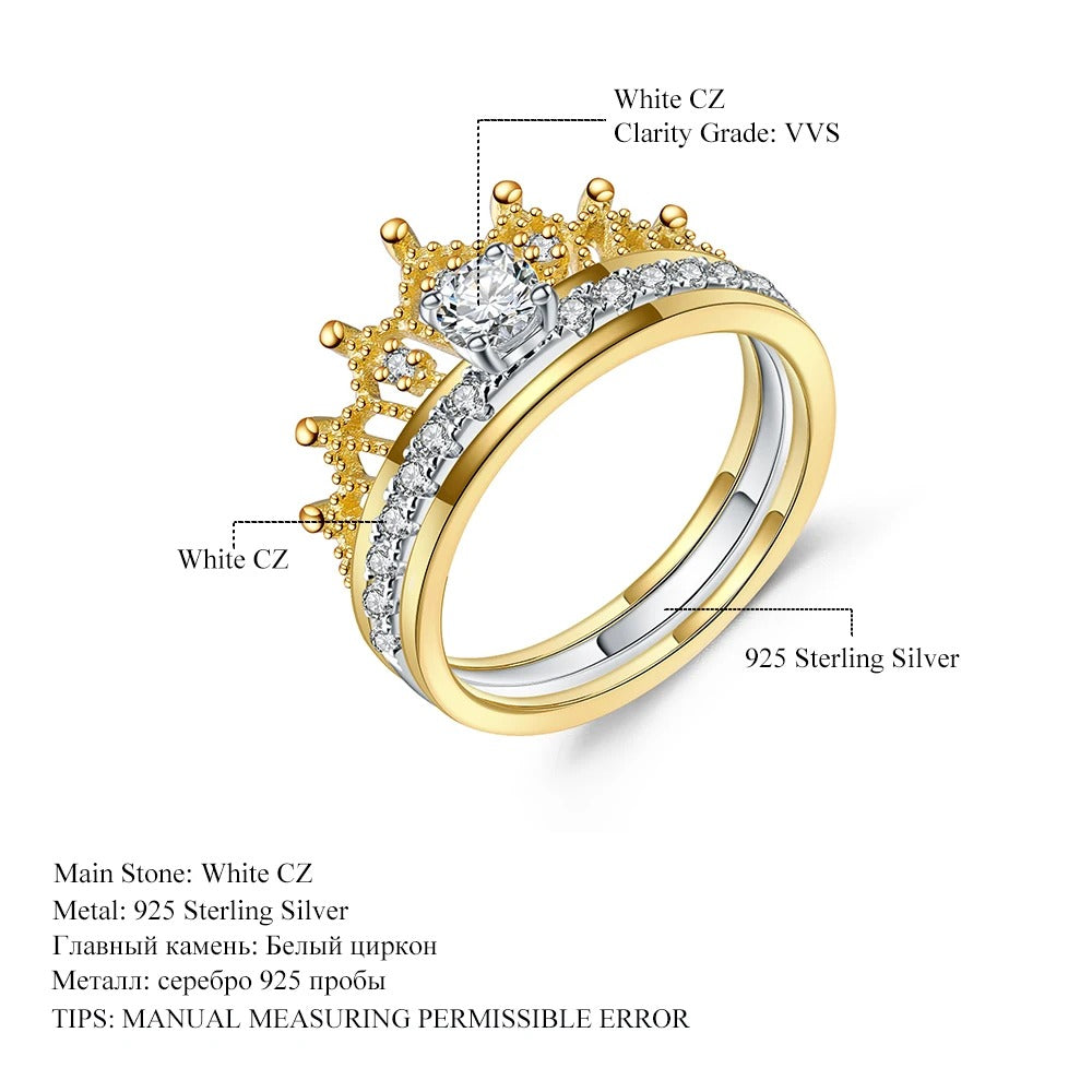 Two-Tone Princess Crown Engagement Ring | 925 Sterling Silver | Luxury Gold Palace