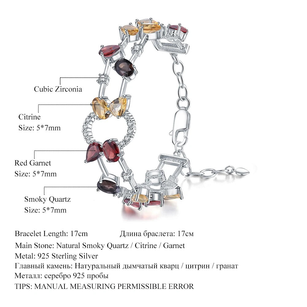 Multicolor Natural Gemstone Link Bracelet | Garnet, Citrine, Smoky Quartz | 925 Silver