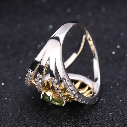 Natural Peridot Sunflower Ring | Handmade Two-Tone 925 Silver