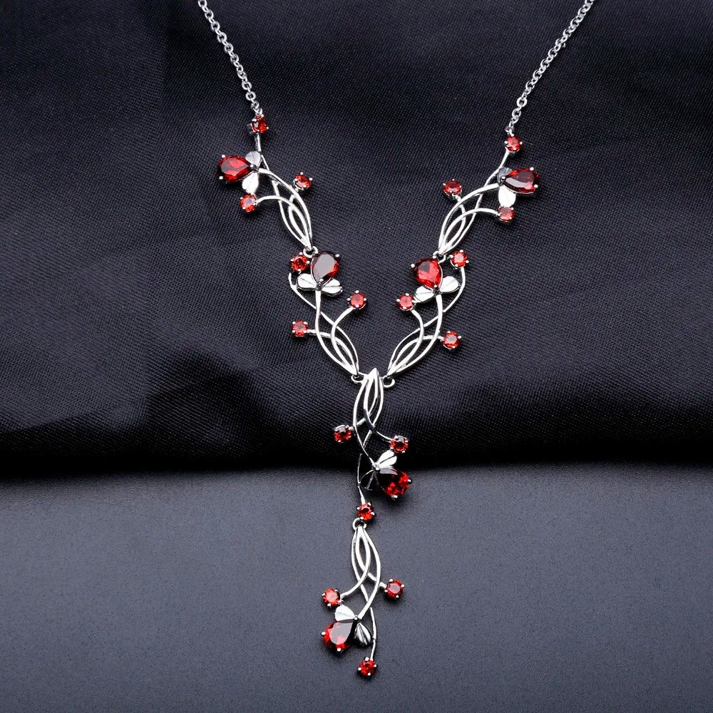 8.08Ct Natural Red Garnet Floral Vine Necklace | 925 Sterling Silver