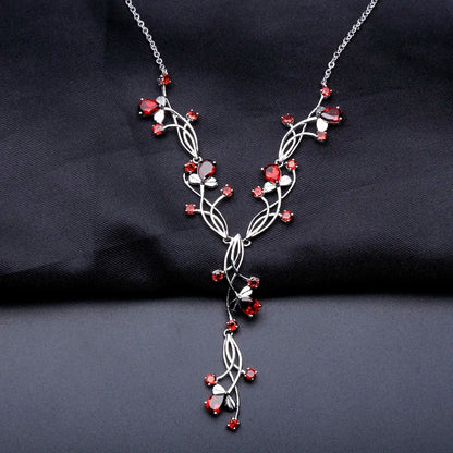8.08Ct Natural Red Garnet Floral Vine Necklace | 925 Sterling Silver