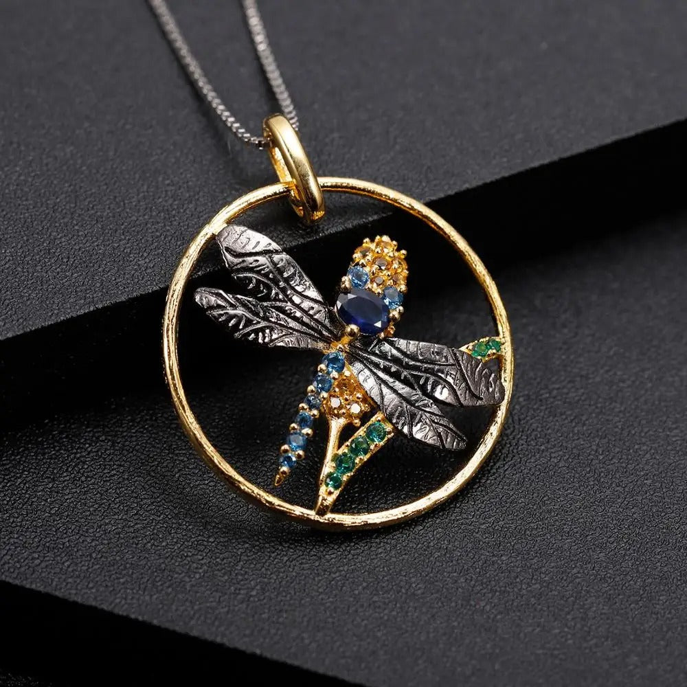 Handmade Blue Sapphire Dragonfly Pendant | Two-Tone 925 Silver