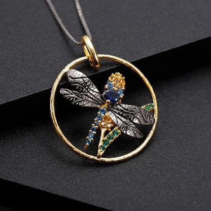 Handmade Blue Sapphire Dragonfly Pendant | Two-Tone 925 Silver