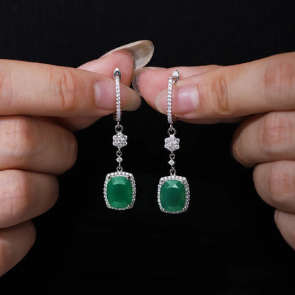 Natural Green Agate Drop Earrings | 7.34Ct Cushion Cut | 925 Silver