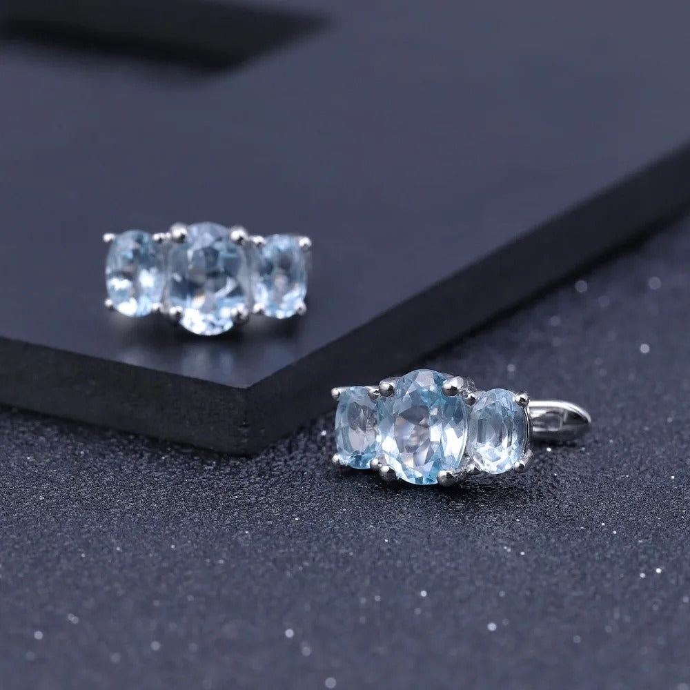 Natural Sky Blue Topaz Three-Stone Earrings | 5.54Ct 925 Sterling Silver