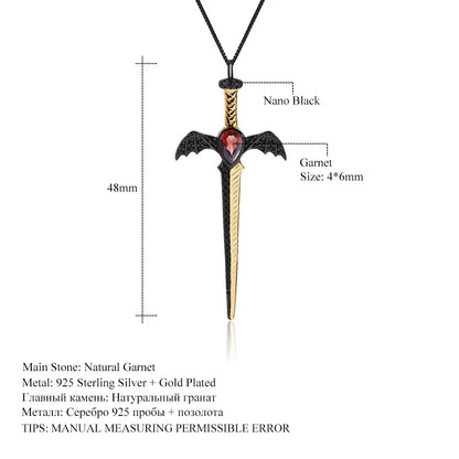 Gothic Bat Wing Sword Pendant with Natural Garnet | 925 Silver | Luxury Gold Palace