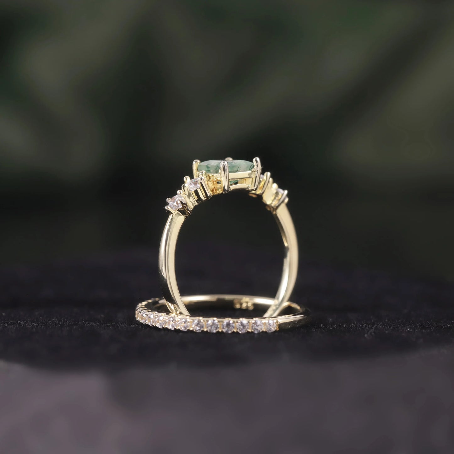 Vintage Moss Agate Bridal Ring Set | Square Art Deco | 14k Gold Over Silver