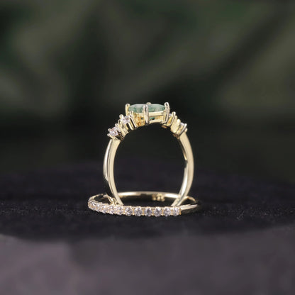 Vintage Moss Agate Bridal Ring Set | Square Art Deco | 14k Gold Over Silver