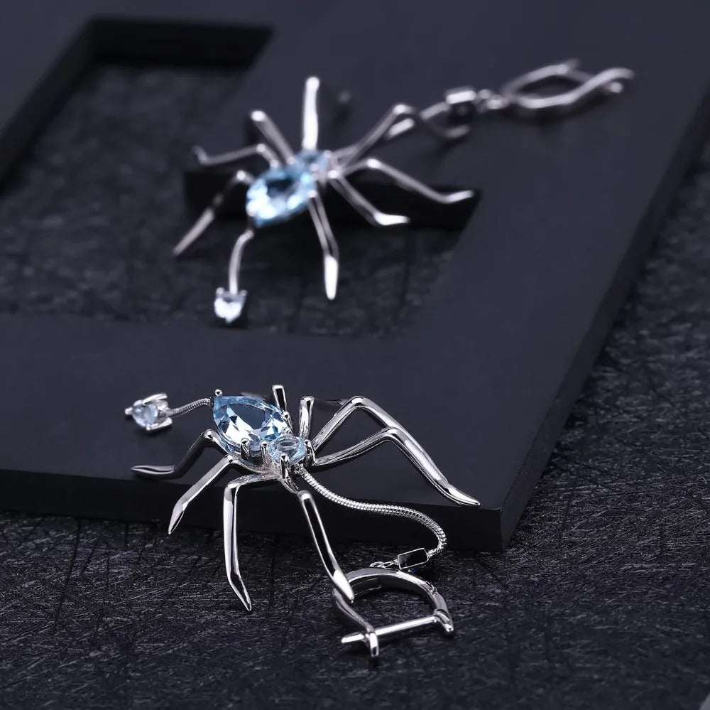 Gothic Spider Drop Earrings | Natural Sky Blue Topaz | 925 Silver