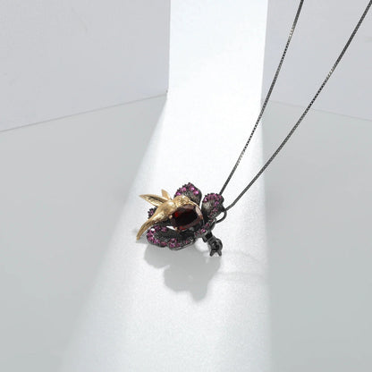 Garnet Bird & Flower Convertible Brooch Pendant | 925 Sterling Silver
