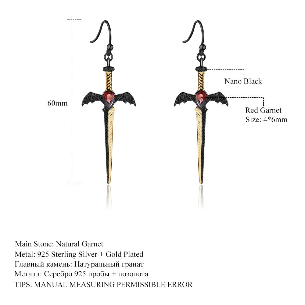 Gothic Bat Wing Sword Drop Earrings | Natural Garnet | Luxury Gold Palace