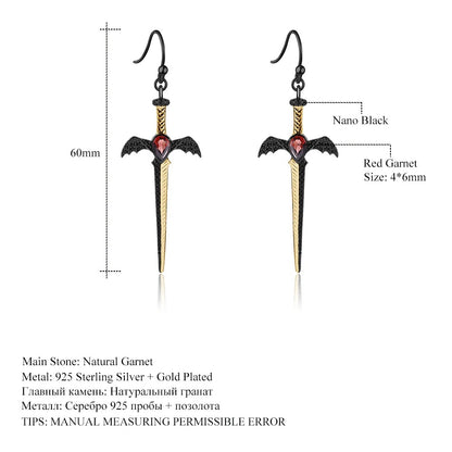 Gothic Bat Wing Sword Drop Earrings | Natural Garnet | Luxury Gold Palace
