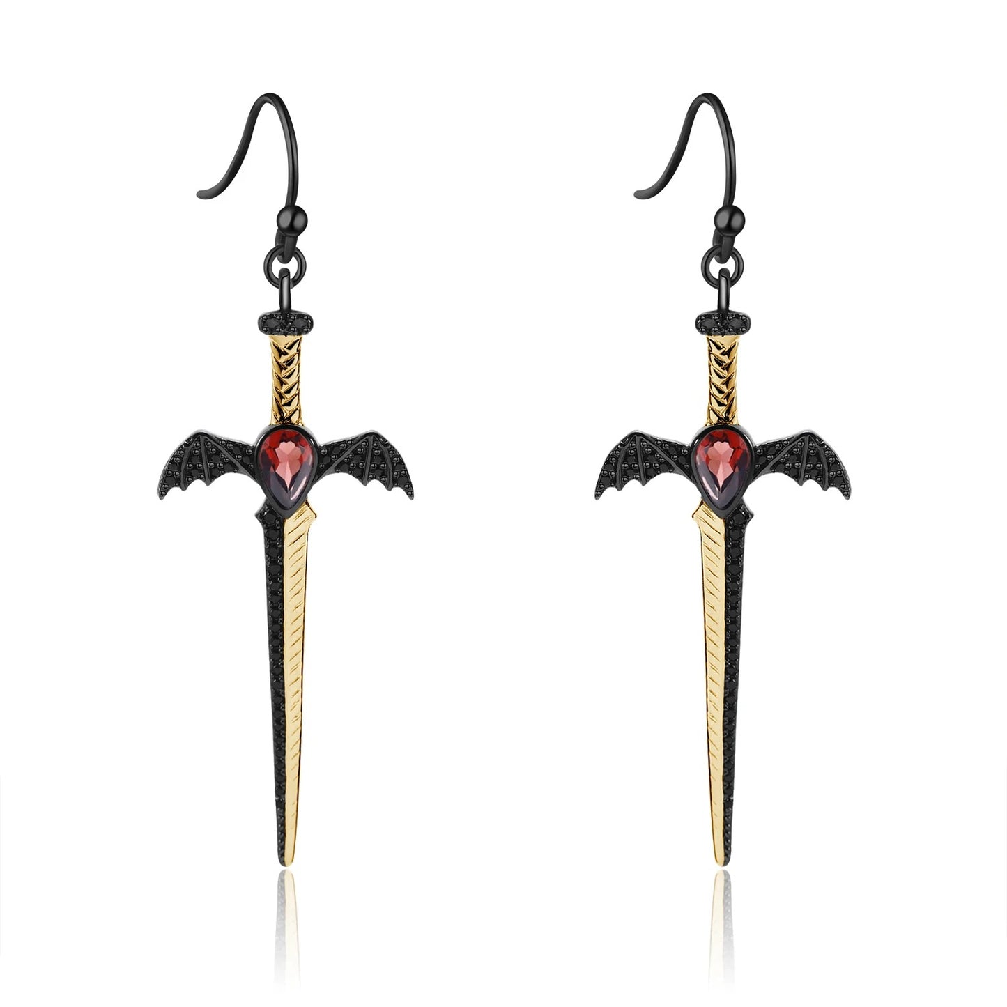 Gothic Bat Wing Sword Drop Earrings | Natural Garnet | Luxury Gold Palace