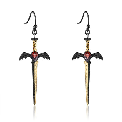 Gothic Bat Wing Sword Drop Earrings | Natural Garnet | Luxury Gold Palace