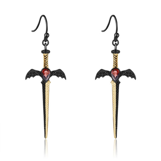 Gothic Bat Wing Sword Drop Earrings | Natural Garnet | Luxury Gold Palace