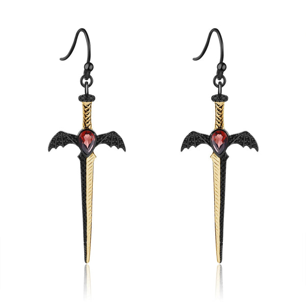 Gothic Bat Wing Sword Drop Earrings | Natural Garnet | Luxury Gold Palace