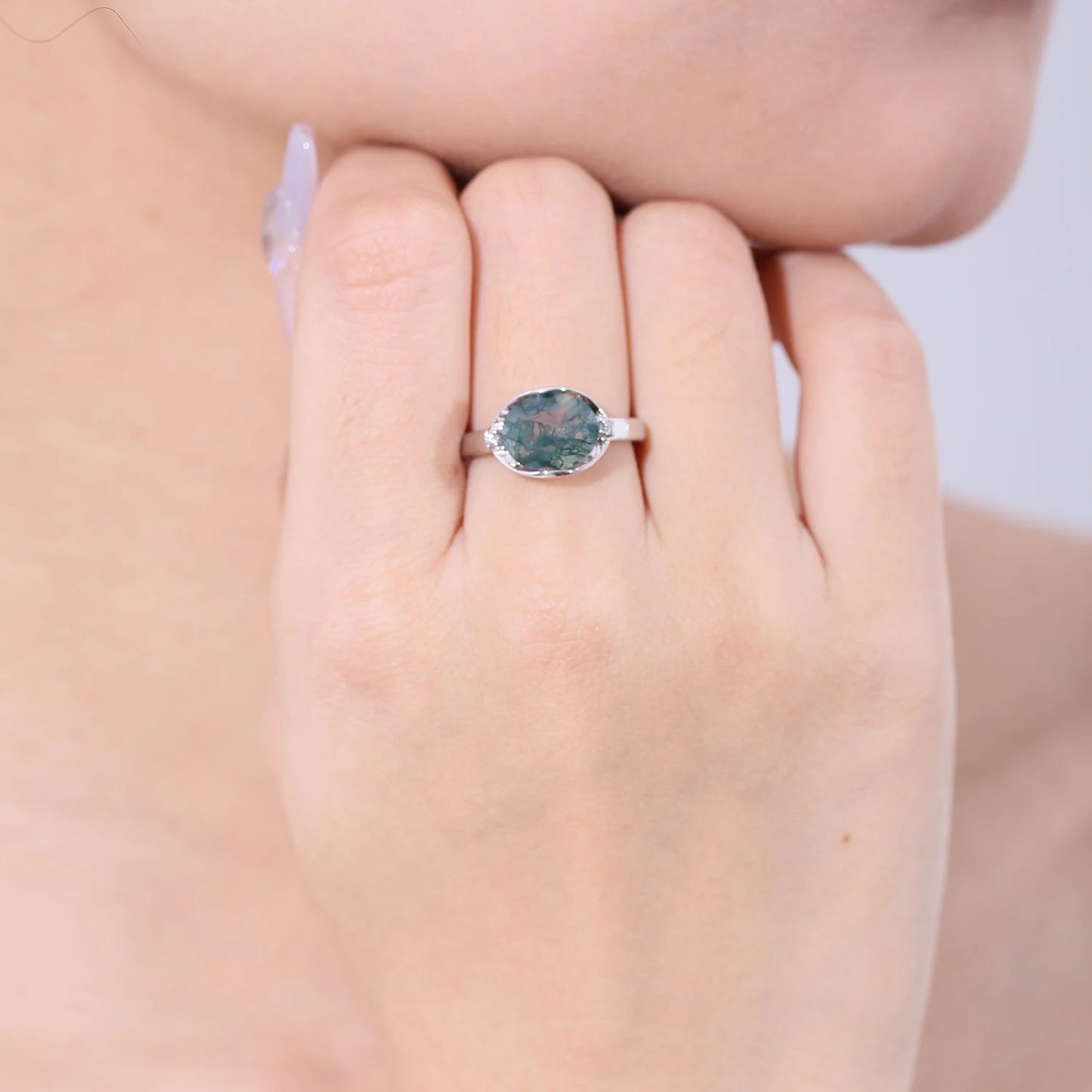 Natural Moss Agate Oval Ring | 2.91Ct Minimalist 925 Sterling Silver