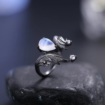 Guardian Angel Moonstone Ring | Adjustable Wings | Black 925 Silver