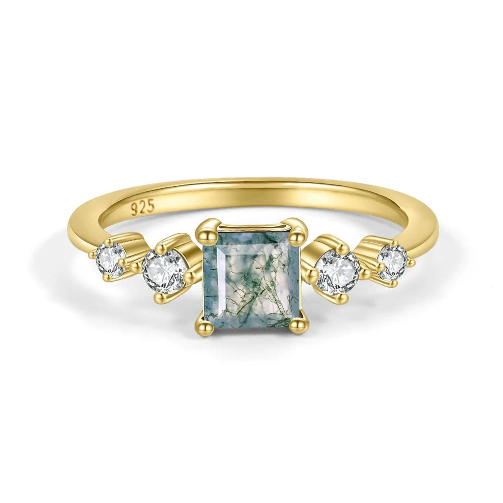 Vintage Moss Agate Bridal Ring Set | Square Art Deco | 14k Gold Over Silver