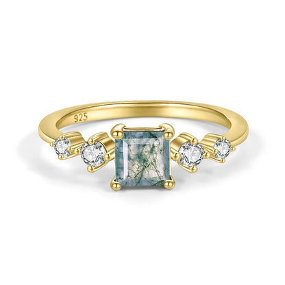 Vintage Moss Agate Bridal Ring Set | Square Art Deco | 14k Gold Over Silver