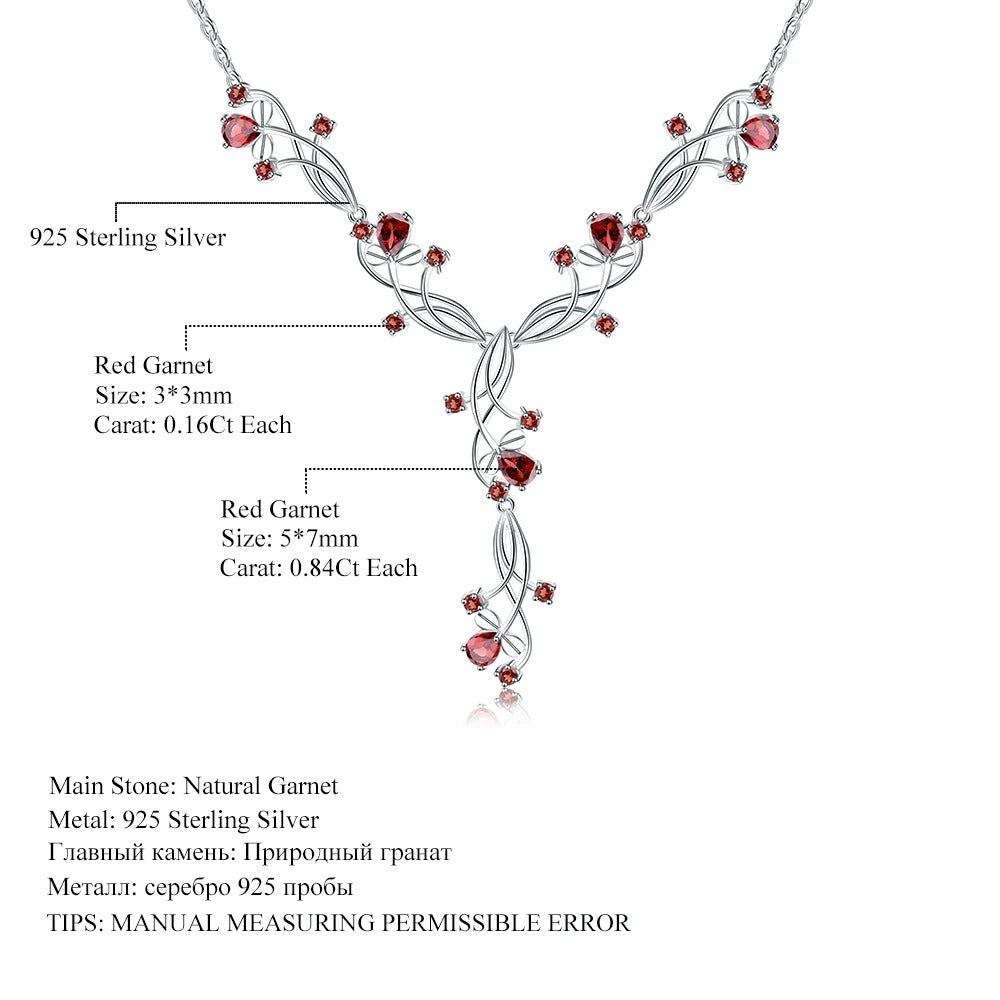 8.08Ct Natural Red Garnet Floral Vine Necklace | 925 Sterling Silver