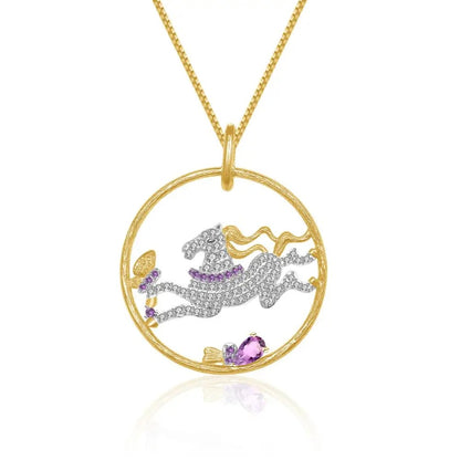Galloping Horse Amethyst Pendant | Two-Tone 925 Silver | Luxury Gold Palace