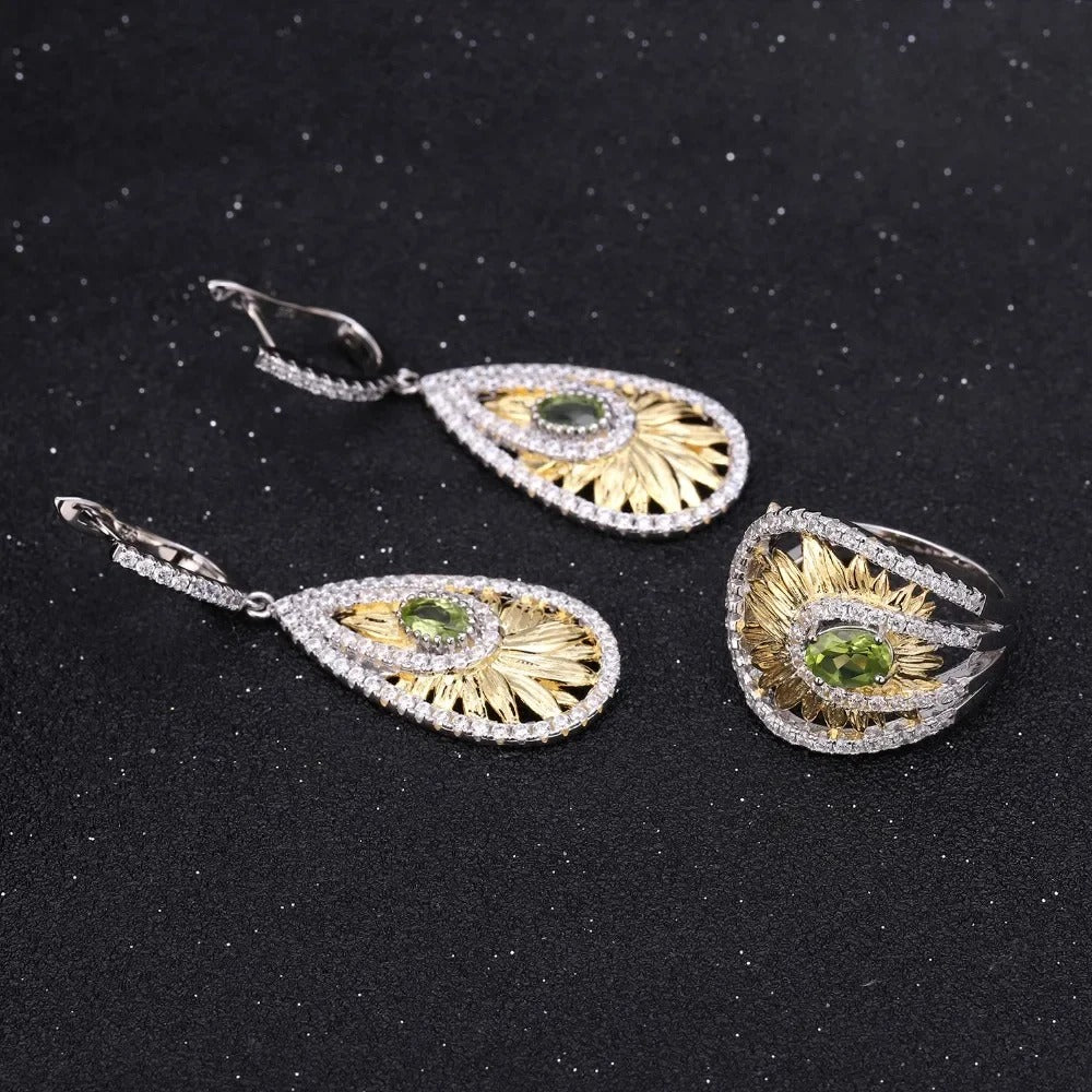 Natural Peridot Sunflower Ring | Handmade Two-Tone 925 Silver