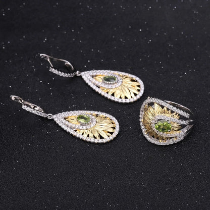 Natural Peridot Sunflower Ring | Handmade Two-Tone 925 Silver