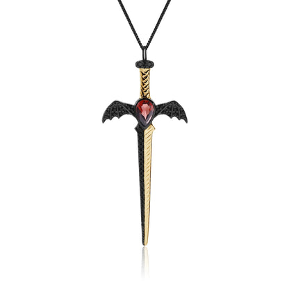Gothic Bat Wing Sword Pendant with Natural Garnet | 925 Silver | Luxury Gold Palace