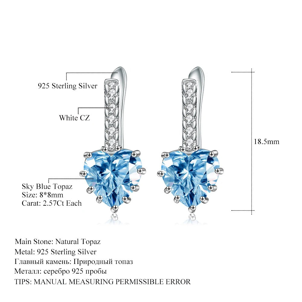 3.08Ct Natural Sky Blue Topaz Heart Earrings | 925 Sterling Silver