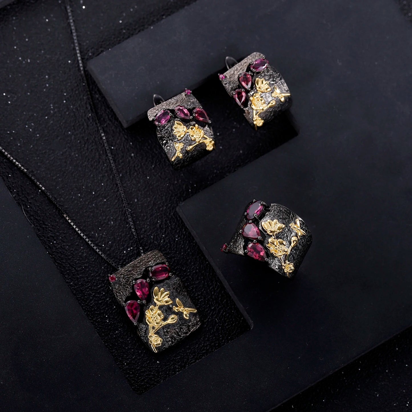 Secret Garden Rhodolite Garnet Ring | Handmade Bee & Flower Band | 925 Silver