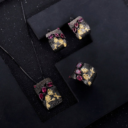 Secret Garden Rhodolite Garnet Ring | Handmade Bee & Flower Band | 925 Silver