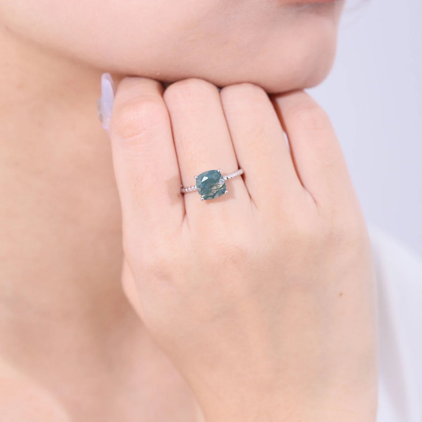 2.25Ct Cushion Moss Agate Solitaire Ring | Twisted Rope Band | 925 Silver