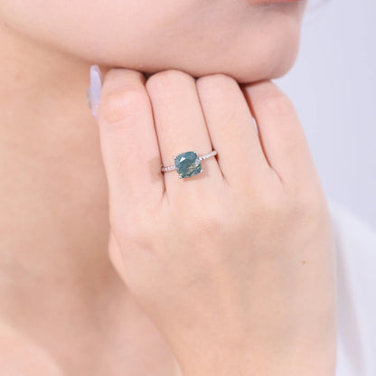 2.25Ct Cushion Moss Agate Solitaire Ring | Twisted Rope Band | 925 Silver